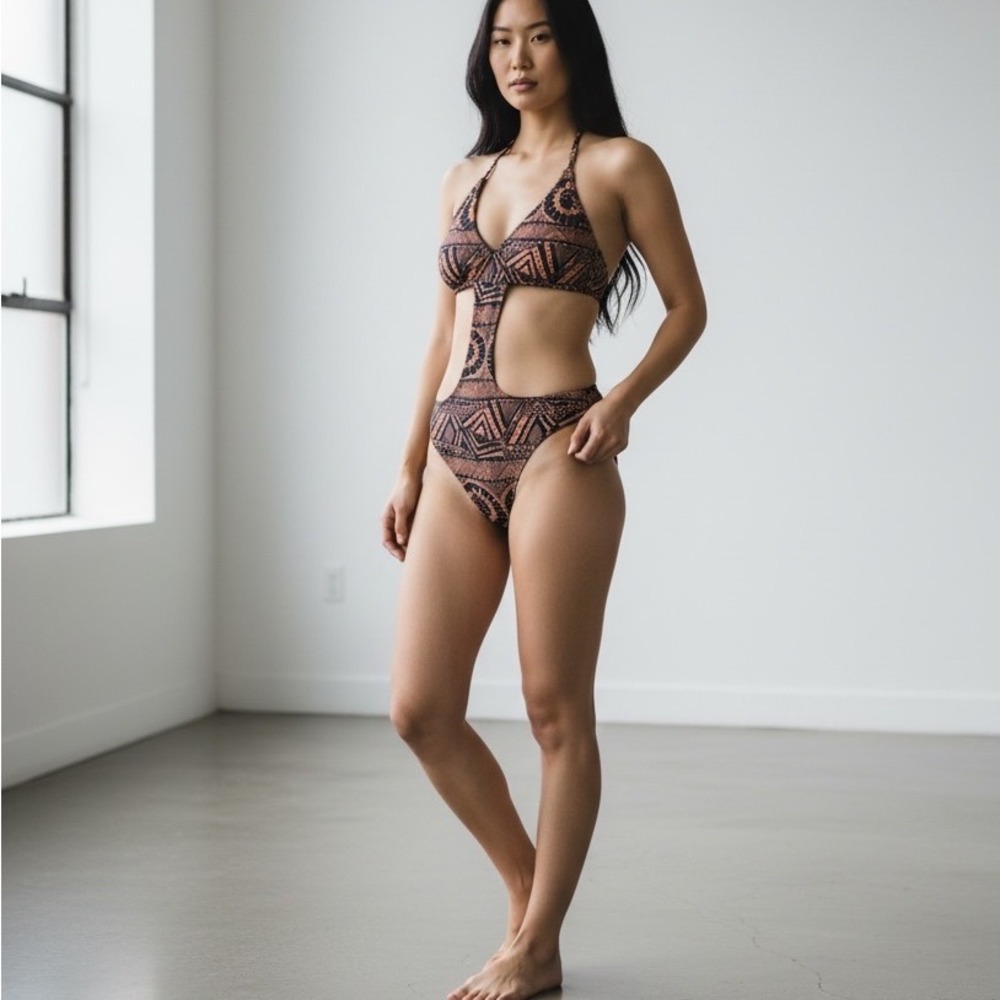 Alexis Vintage Tribal Print‎ Cutout Monokini Swimsuit Terracotta Rhinestone L